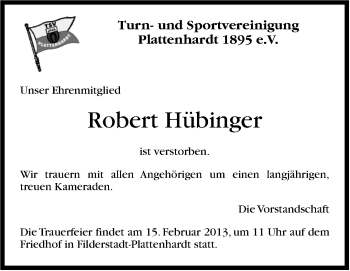Traueranzeige von Robert Hübinger von Stuttgarter Zeitung / Stuttgarter Nachrichten