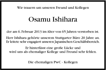 Traueranzeige von Osamu Ishihara von Stuttgarter Zeitung / Stuttgarter Nachrichten