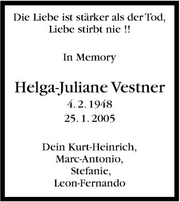 Traueranzeige von Helga-Juliane Vestner von Stuttgarter Zeitung / Stuttgarter Nachrichten