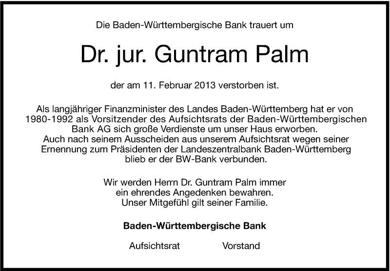  Traueranzeige für Guntram Palm vom 14.02.2013 aus Stuttgarter Zeitung / Stuttgarter Nachrichten