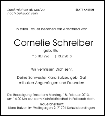 Traueranzeige von Cornelie Schreiber von Stuttgarter Zeitung / Stuttgarter Nachrichten