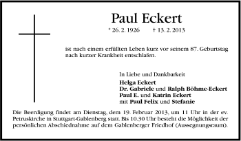 Traueranzeige von Paul Eckert von Stuttgarter Zeitung / Stuttgarter Nachrichten