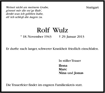Traueranzeige von Rolf Wulz von Stuttgarter Zeitung / Stuttgarter Nachrichten