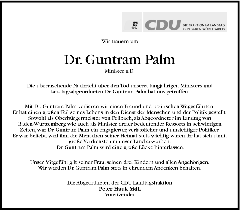  Traueranzeige für Guntram Palm vom 15.02.2013 aus Stuttgarter Zeitung / Stuttgarter Nachrichten