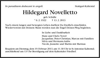 Traueranzeige von Hildegard Novelletto von Stuttgarter Zeitung / Stuttgarter Nachrichten
