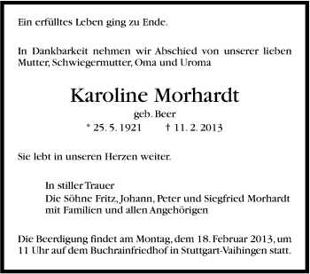 Traueranzeige von Karoline Morhardt von Stuttgarter Zeitung / Stuttgarter Nachrichten