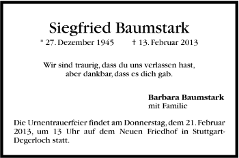 Traueranzeige von Siegfried Baumstark von Stuttgarter Zeitung / Stuttgarter Nachrichten