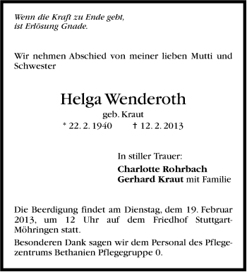 Traueranzeige von Helga Wenderoth von Stuttgarter Zeitung / Stuttgarter Nachrichten