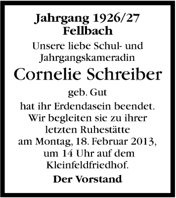 Traueranzeige von Cornelie Schreiber von Stuttgarter Zeitung / Stuttgarter Nachrichten