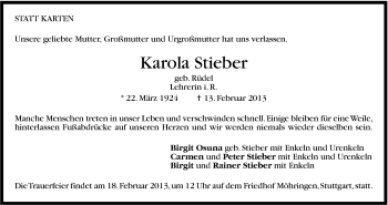 Traueranzeige von Karola Stieber von Stuttgarter Zeitung / Stuttgarter Nachrichten