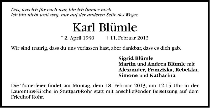  Traueranzeige für Karl Blümle vom 16.02.2013 aus Stuttgarter Zeitung / Stuttgarter Nachrichten