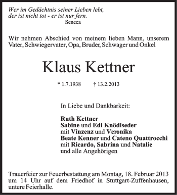 Traueranzeige von Klaus Kettner von Stuttgarter Zeitung / Stuttgarter Nachrichten