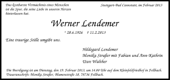 Traueranzeige von Werner Lendemer von Stuttgarter Zeitung / Stuttgarter Nachrichten
