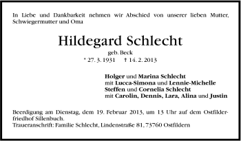 Traueranzeige von Hildegard Schlecht von Stuttgarter Zeitung / Stuttgarter Nachrichten