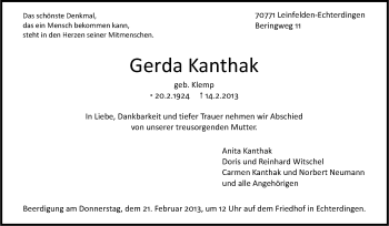 Traueranzeige von Garda Kanthak von Stuttgarter Zeitung / Stuttgarter Nachrichten