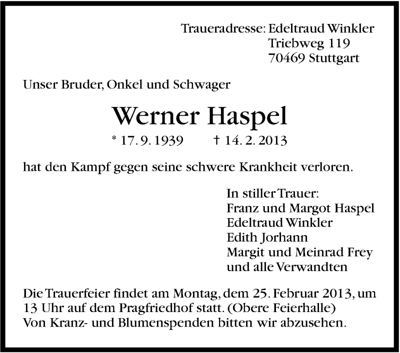  Traueranzeige für Werner Haspel vom 20.02.2013 aus Stuttgarter Zeitung / Stuttgarter Nachrichten
