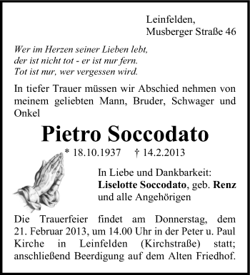 Traueranzeige von Pietro Soccodato von Stuttgarter Zeitung / Stuttgarter Nachrichten