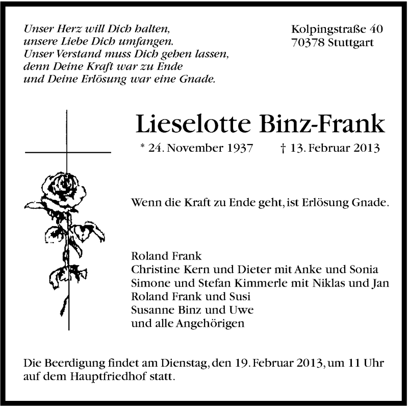  Traueranzeige für Lieselotte Binz-Frank vom 16.02.2013 aus Stuttgarter Zeitung / Stuttgarter Nachrichten