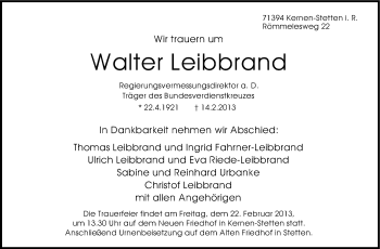 Traueranzeige von Walter Leibbrand von Stuttgarter Zeitung / Stuttgarter Nachrichten