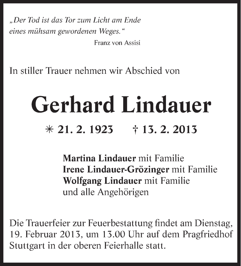  Traueranzeige für Gerhard Lindauer vom 16.02.2013 aus Stuttgarter Zeitung / Stuttgarter Nachrichten