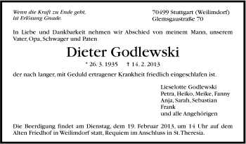 Traueranzeige von Dieter Godlewski von Stuttgarter Zeitung / Stuttgarter Nachrichten