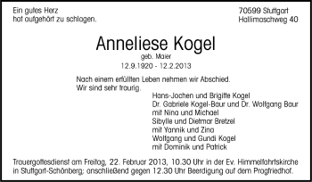 Traueranzeige von Anneliese Kogel von Stuttgarter Zeitung / Stuttgarter Nachrichten
