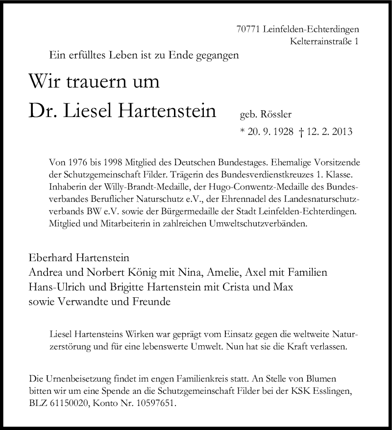  Traueranzeige für Liesel Hartenstein vom 18.02.2013 aus Stuttgarter Zeitung / Stuttgarter Nachrichten