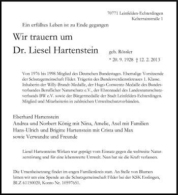 Traueranzeige von Liesel Hartenstein von Stuttgarter Zeitung / Stuttgarter Nachrichten