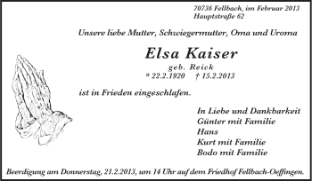 Traueranzeige von Elsa Kaiser von Stuttgarter Zeitung / Stuttgarter Nachrichten