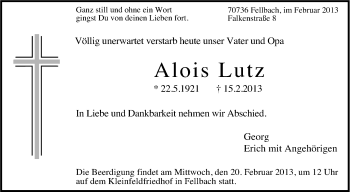 Traueranzeige von Alois Lutz von Stuttgarter Zeitung / Stuttgarter Nachrichten