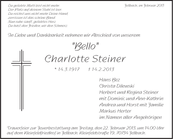 Traueranzeige von Charlotte Steiner von Stuttgarter Zeitung / Stuttgarter Nachrichten
