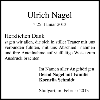 Traueranzeige von Ulrich Nagel von Stuttgarter Zeitung / Stuttgarter Nachrichten