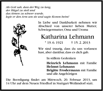 Traueranzeige von Katharina Lehmann von Stuttgarter Zeitung / Stuttgarter Nachrichten