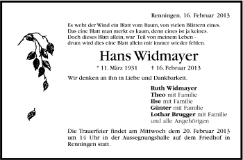Traueranzeige von Hans Widmayer von Leonberger Kreiszeitung / Strohgäu Extra