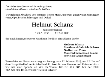 Traueranzeige von Helmut Schanz von Stuttgarter Zeitung / Stuttgarter Nachrichten