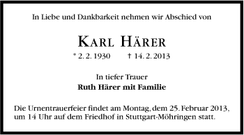 Traueranzeige von Karl Härer von Stuttgarter Zeitung / Stuttgarter Nachrichten