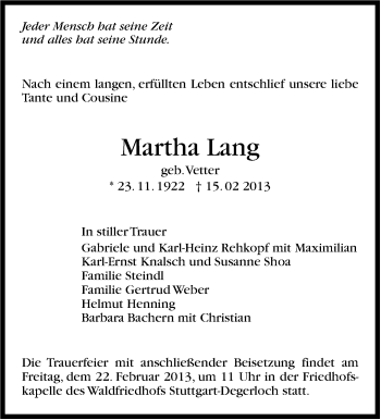 Traueranzeige von Martha Lang von Stuttgarter Zeitung / Stuttgarter Nachrichten