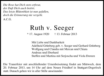 Traueranzeige von Ruth Seeger von Stuttgarter Zeitung / Stuttgarter Nachrichten