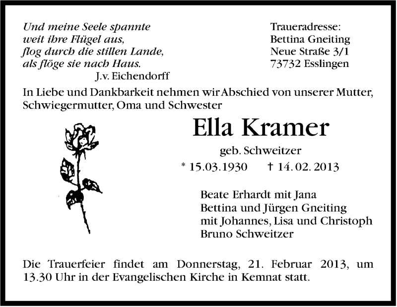  Traueranzeige für Ella Kramer vom 19.02.2013 aus Stuttgarter Zeitung / Stuttgarter Nachrichten
