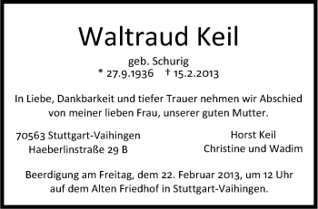 Traueranzeige von Waltraud Keil von Stuttgarter Zeitung / Stuttgarter Nachrichten