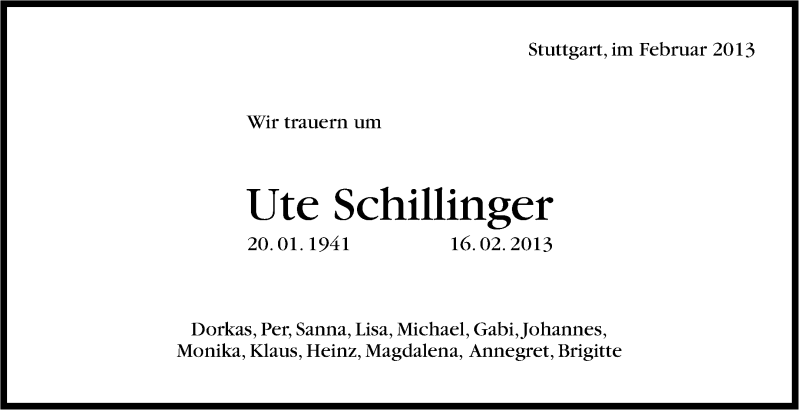  Traueranzeige für Ute Schillinger vom 19.02.2013 aus Stuttgarter Zeitung / Stuttgarter Nachrichten