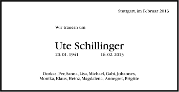 Traueranzeige von Ute Schillinger von Stuttgarter Zeitung / Stuttgarter Nachrichten