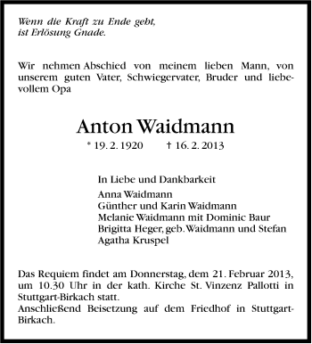 Traueranzeige von Anton Waidmann von Stuttgarter Zeitung / Stuttgarter Nachrichten