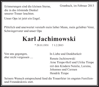 Traueranzeige von Karl Jachimowski von Stuttgarter Zeitung / Stuttgarter Nachrichten