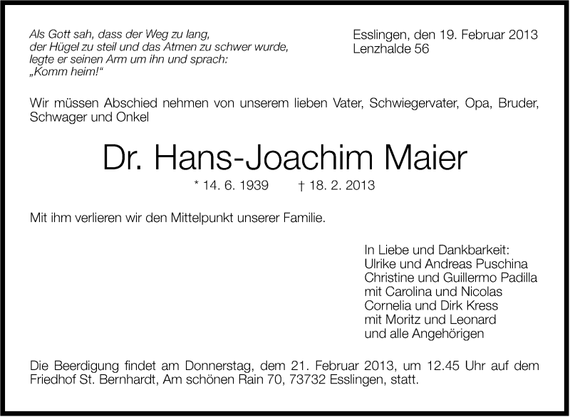 Traueranzeige für Hans-Joachim Maier vom 19.02.2013 aus Stuttgarter Zeitung / Stuttgarter Nachrichten