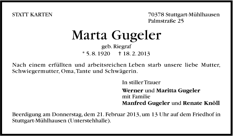  Traueranzeige für Marta Gugeler vom 19.02.2013 aus Stuttgarter Zeitung / Stuttgarter Nachrichten
