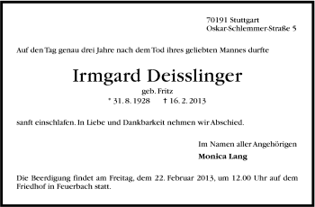 Traueranzeige von Irmgard Deisslinger von Stuttgarter Zeitung / Stuttgarter Nachrichten