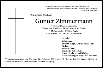 Traueranzeige von Günter Zimmermamnn von Stuttgarter Zeitung / Stuttgarter Nachrichten