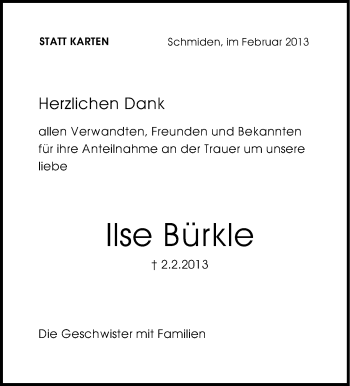 Traueranzeige von Ilse Bürkle von Stuttgarter Zeitung / Stuttgarter Nachrichten