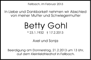 Traueranzeige von Betty Gohl von Stuttgarter Zeitung / Stuttgarter Nachrichten
